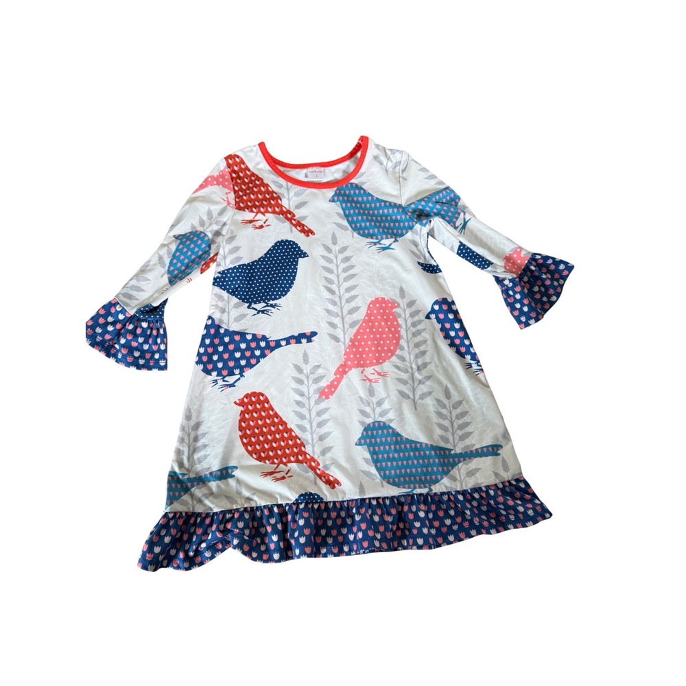 Penelope Plumm colorful bird print ruffle hem girls dress